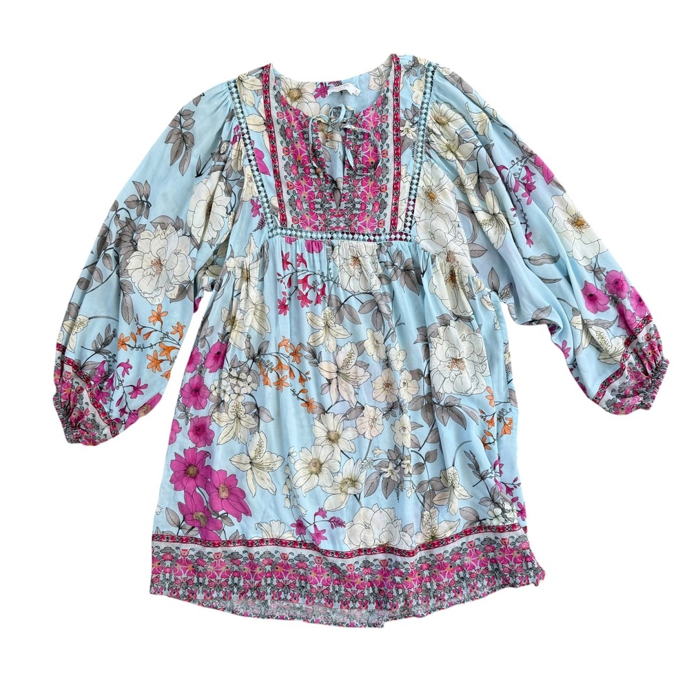 Johnny Was California Floral Embroidered Boho Mini Dress S Blue Multicolor